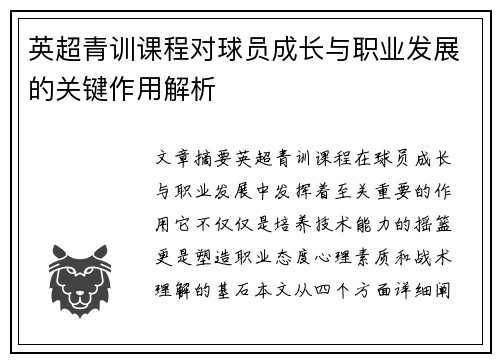 英超青训课程对球员成长与职业发展的关键作用解析
