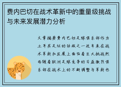 费内巴切在战术革新中的重量级挑战与未来发展潜力分析