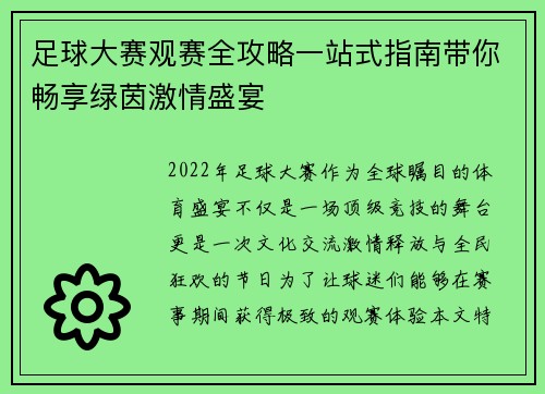 足球大赛观赛全攻略一站式指南带你畅享绿茵激情盛宴